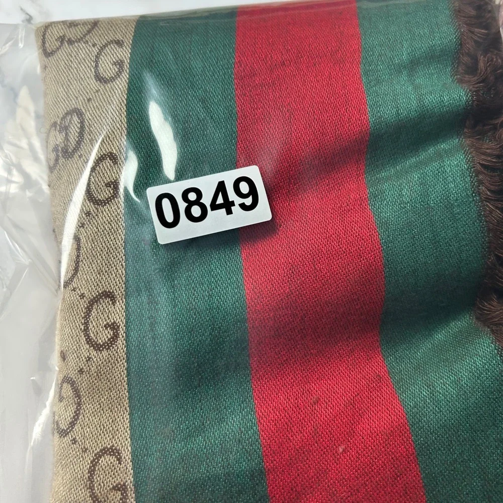Gucci GG Monogram Web Stripe Scarf Beige Brown Green Red Fringed Made in Italy